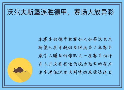 沃尔夫斯堡连胜德甲，赛场大放异彩